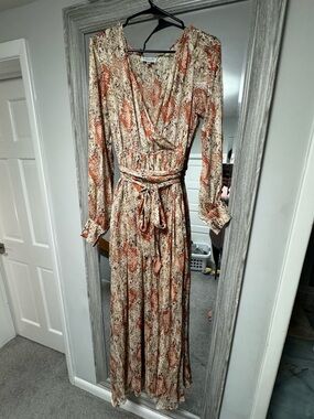 Snake-Print Wrap Maxi Dress in Beige and Rust
